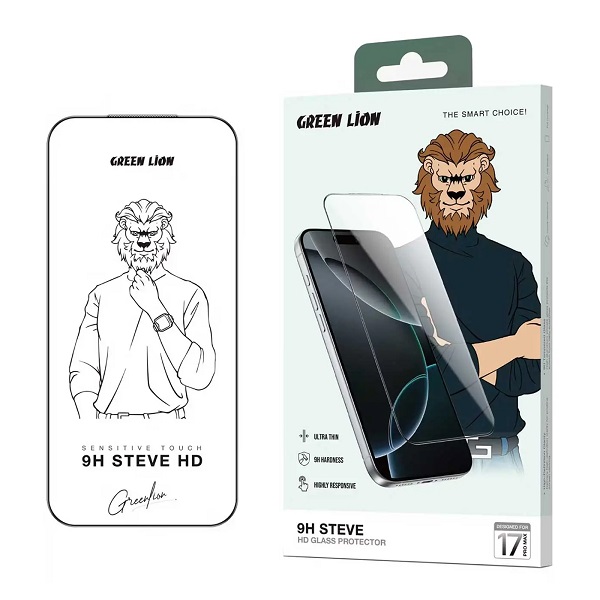 گلس شیشه‌ای اورجینال آیفون 17 پرو مکس Green Lion 9H Steve HD Screen Protector for iPhone 17 Pro Max